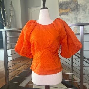 Frame Gathered Seam Puff-Sleeve Top in Orange